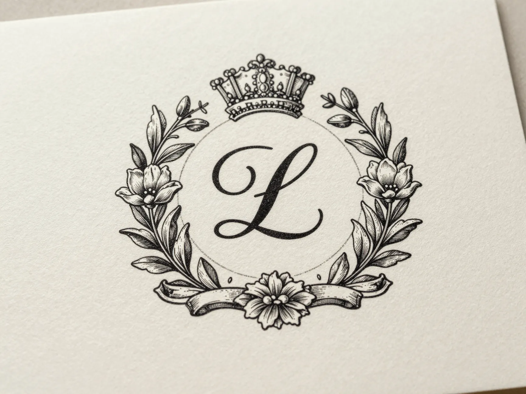 Custom wedding crest featuring initials and date on paper