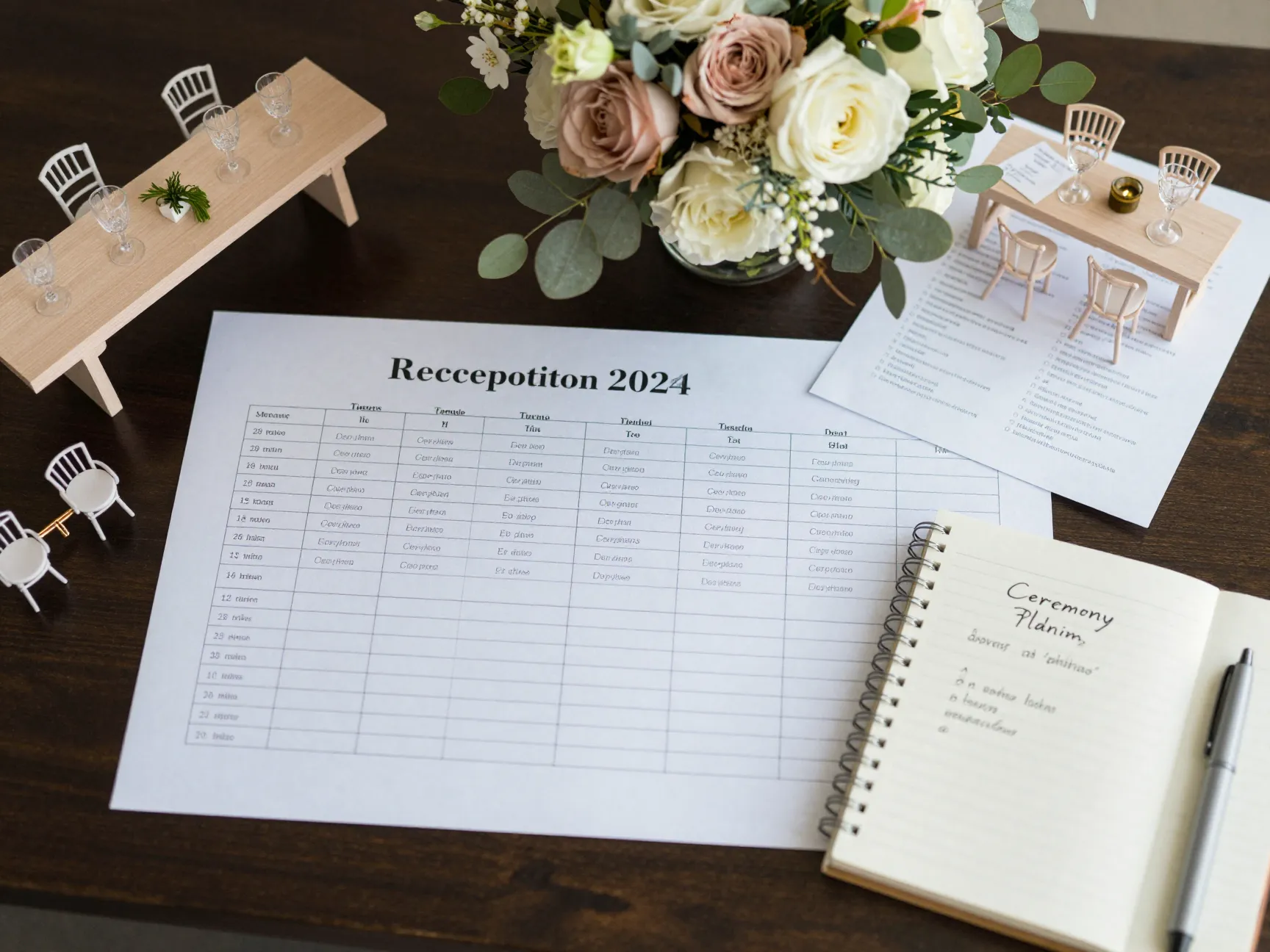 Detailed reception timeline table plan with seating chart and centerpiece