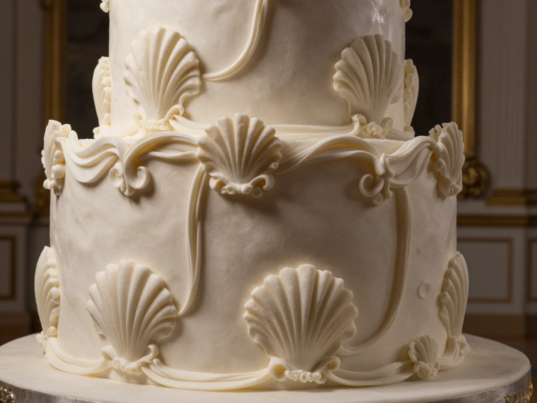 Rococo sculptural cake with shell motifs and curved silhouettes