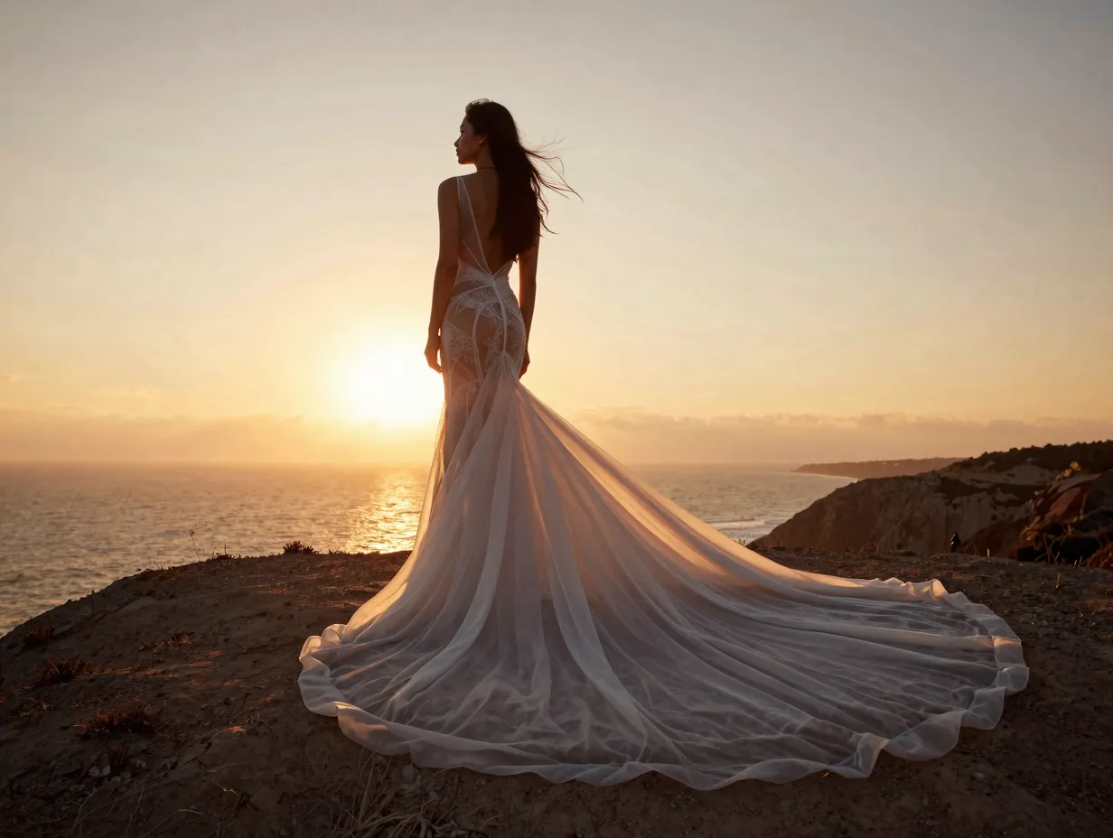A woman in a sheer overlay gown with a dramatic train stands on a cliff at sunset
