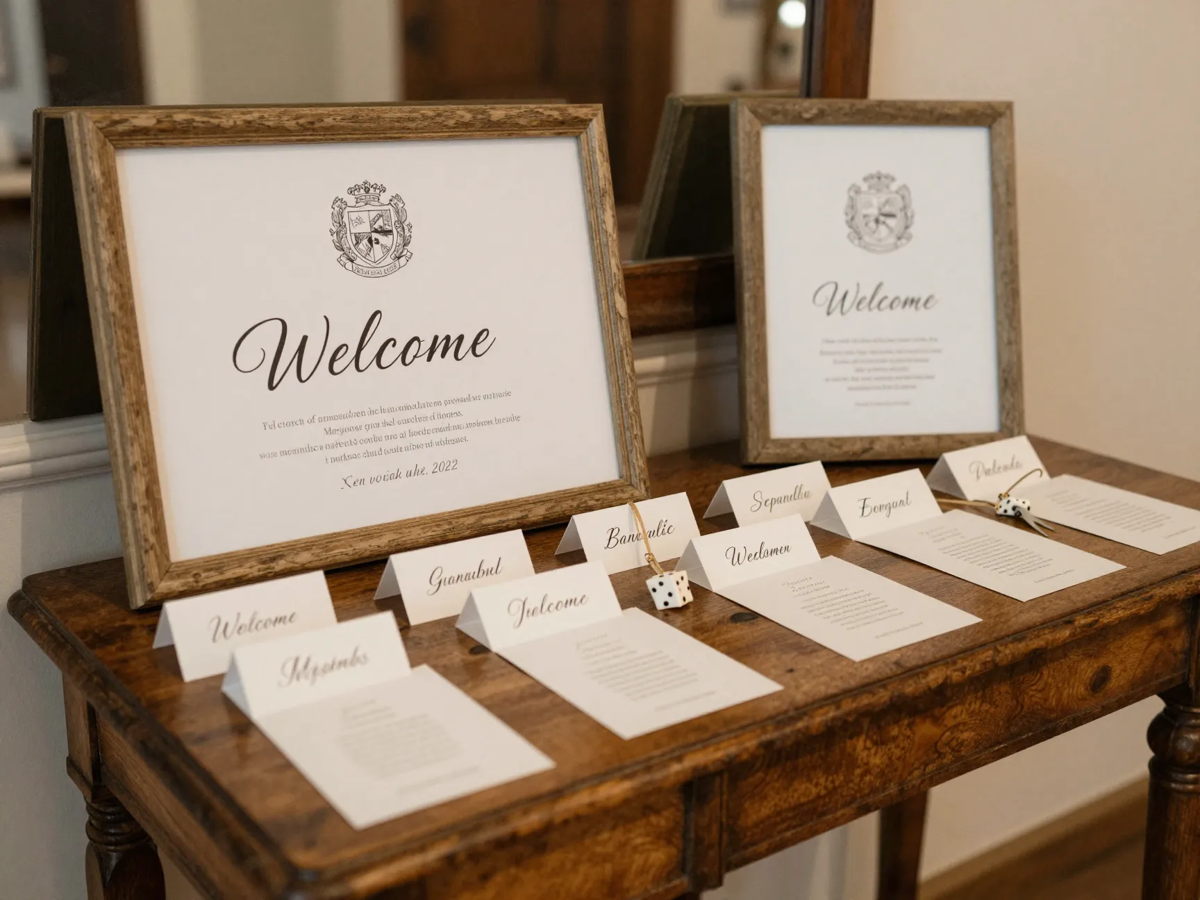 Coordinated welcome sign and place cards on vintage table