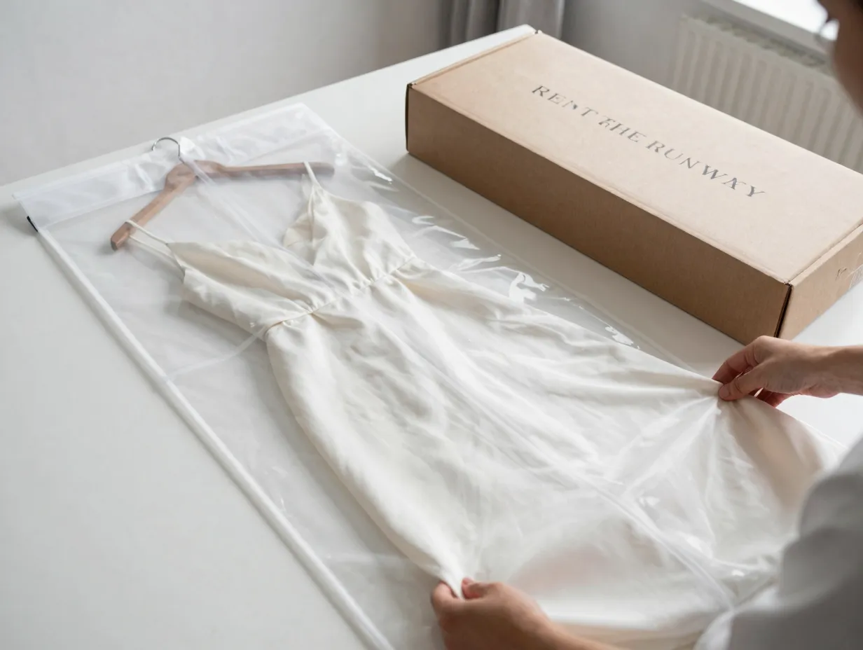 Designer rented dress being unboxed at home before a wedding