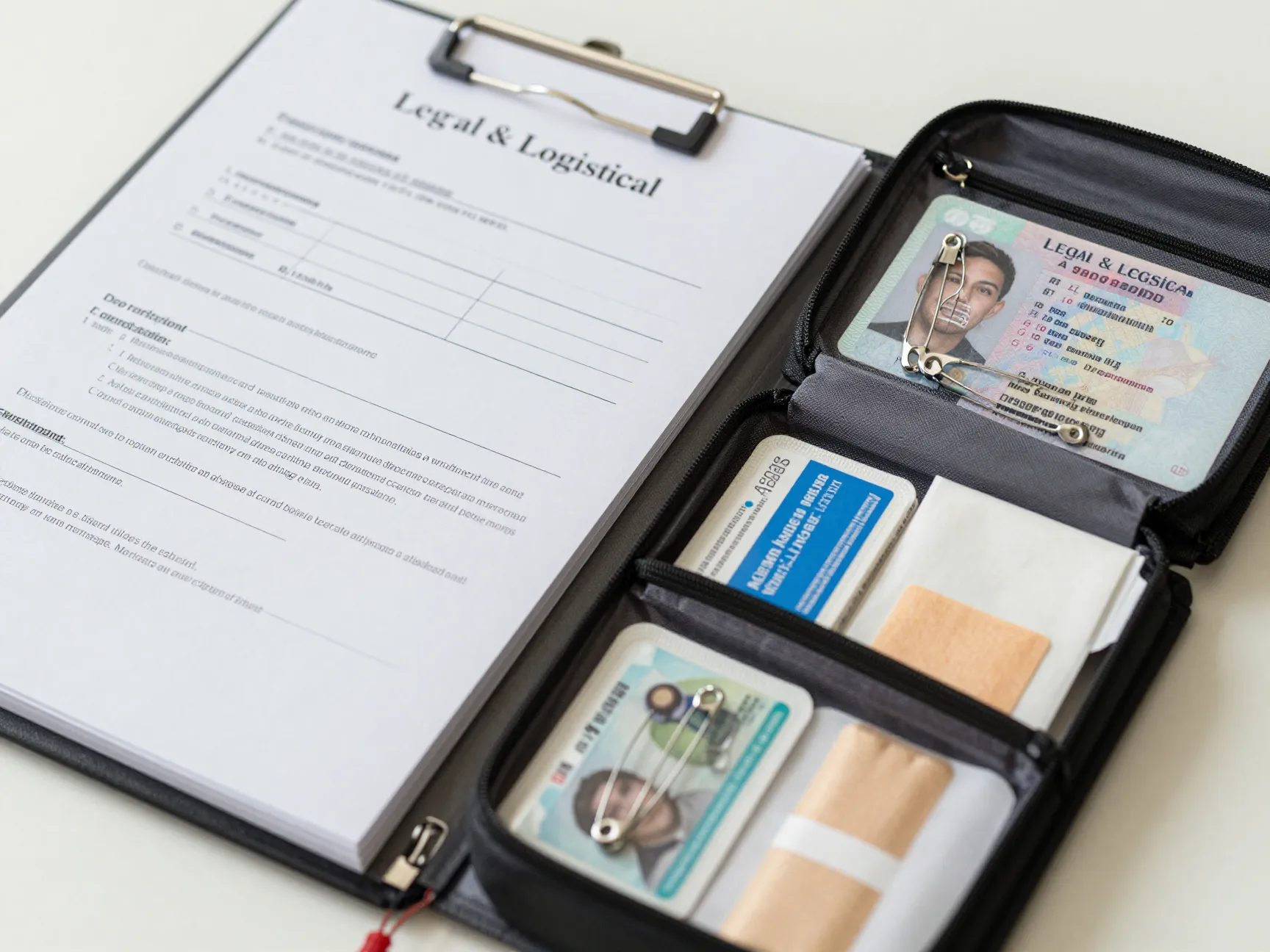 Organized folder with marriage license documents and emergency kit items