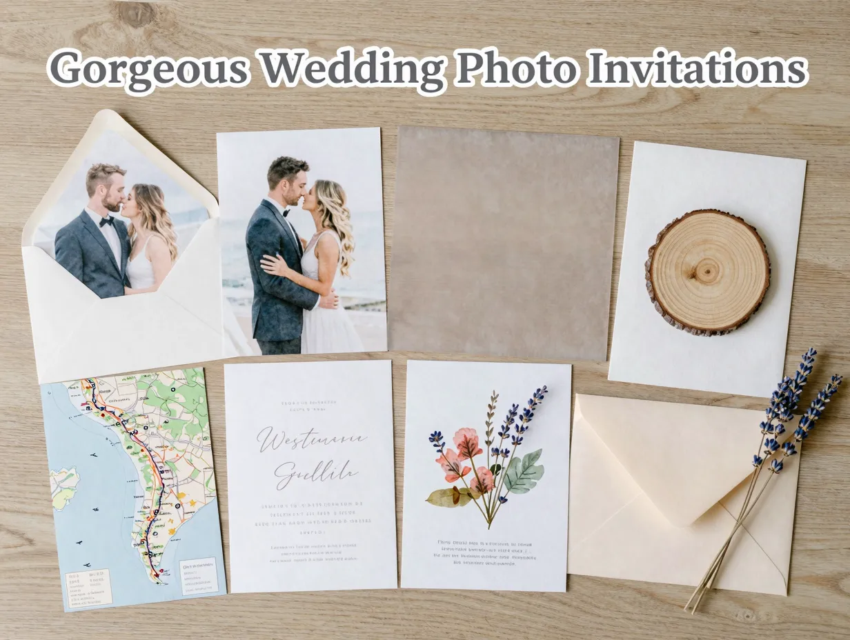 Eight wedding invitation flat lay showcasing materials and styles