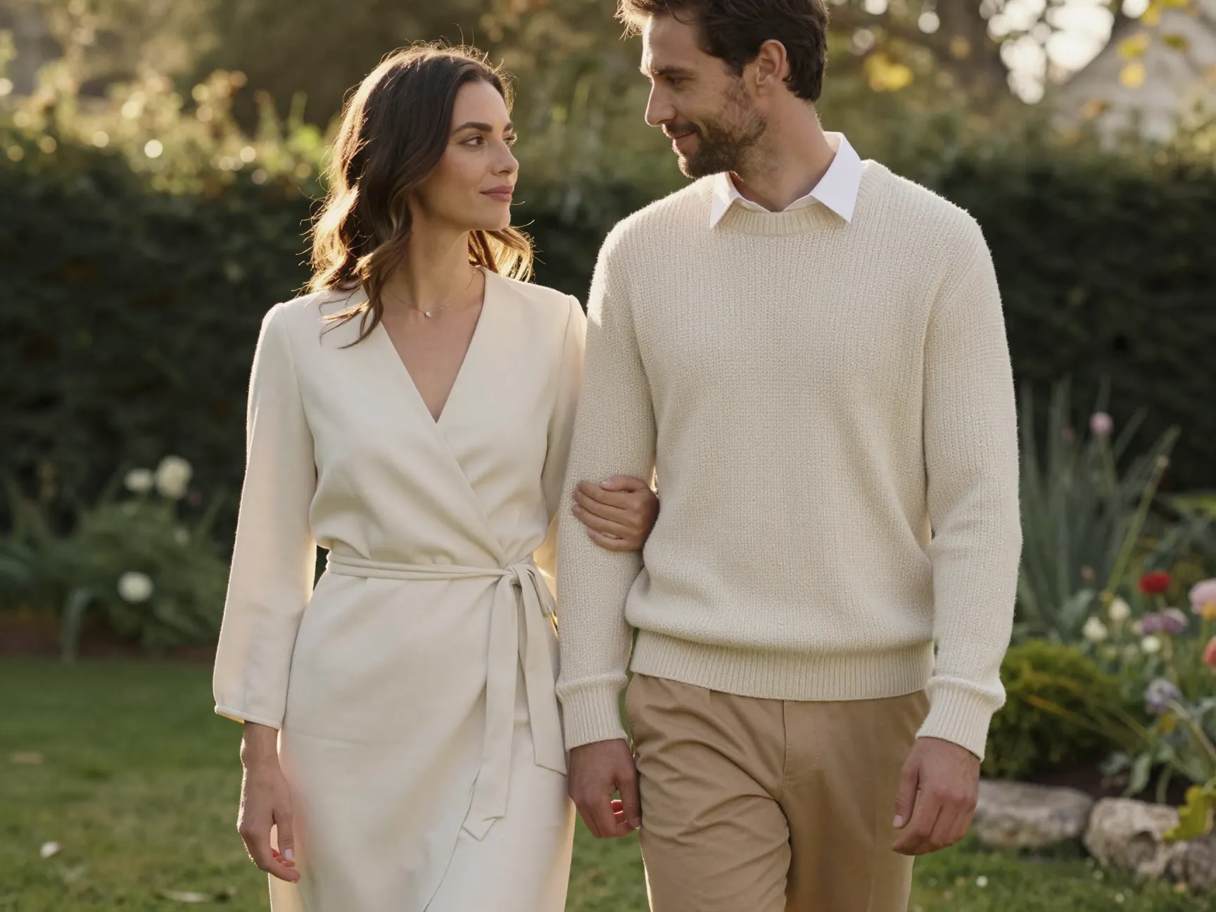 Classic couple in neutral cream gray ivory taupe outfits in garden setting