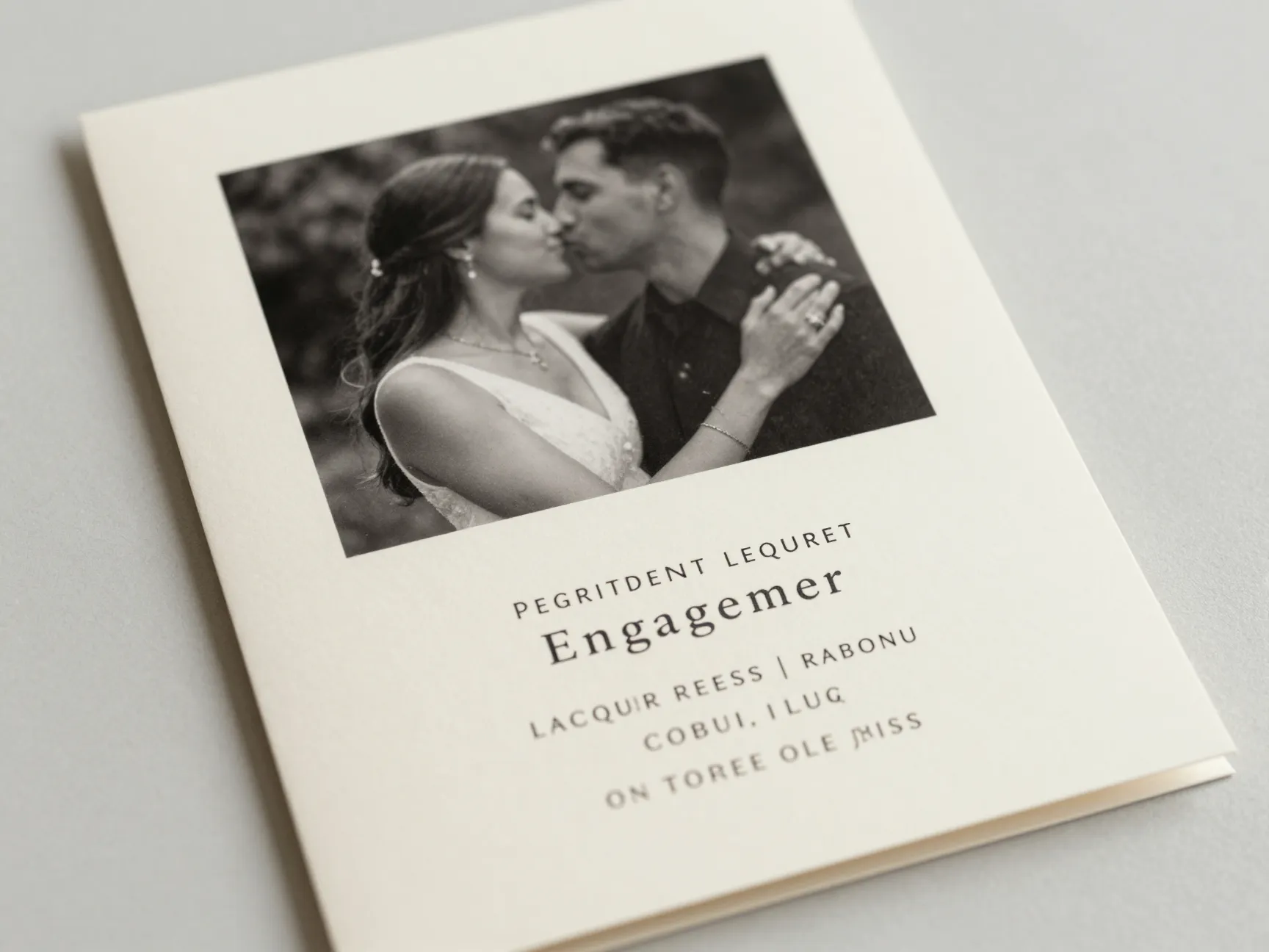 Classic engagement photo suite invitation with cream serif typography