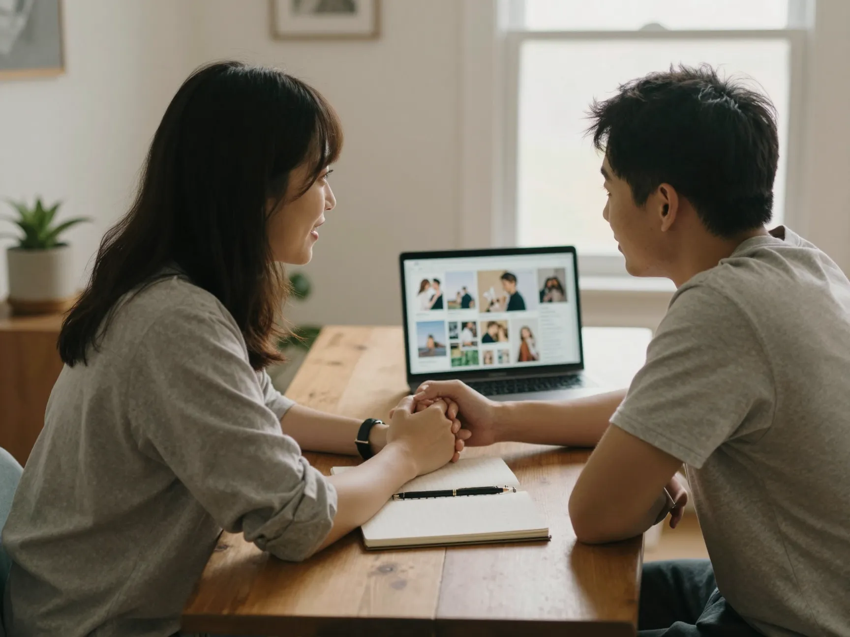 Couple discussing wedding vision and priorities at cozy dining table