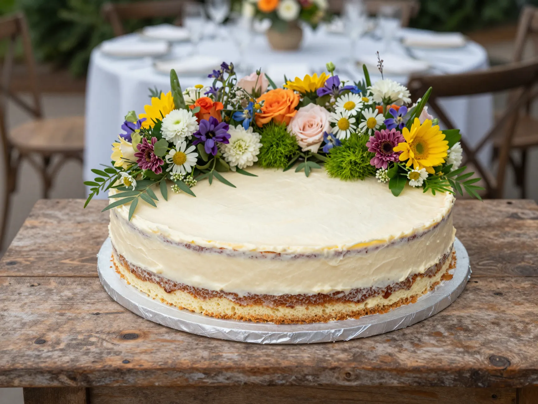 Wide flat single tier cake with cascading flowers on top