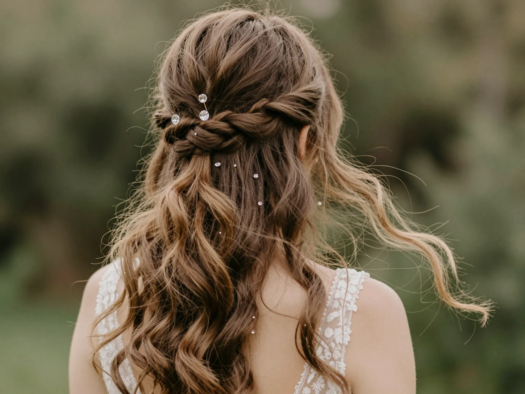 Bride with twisted half updo crystal pins in boho garden