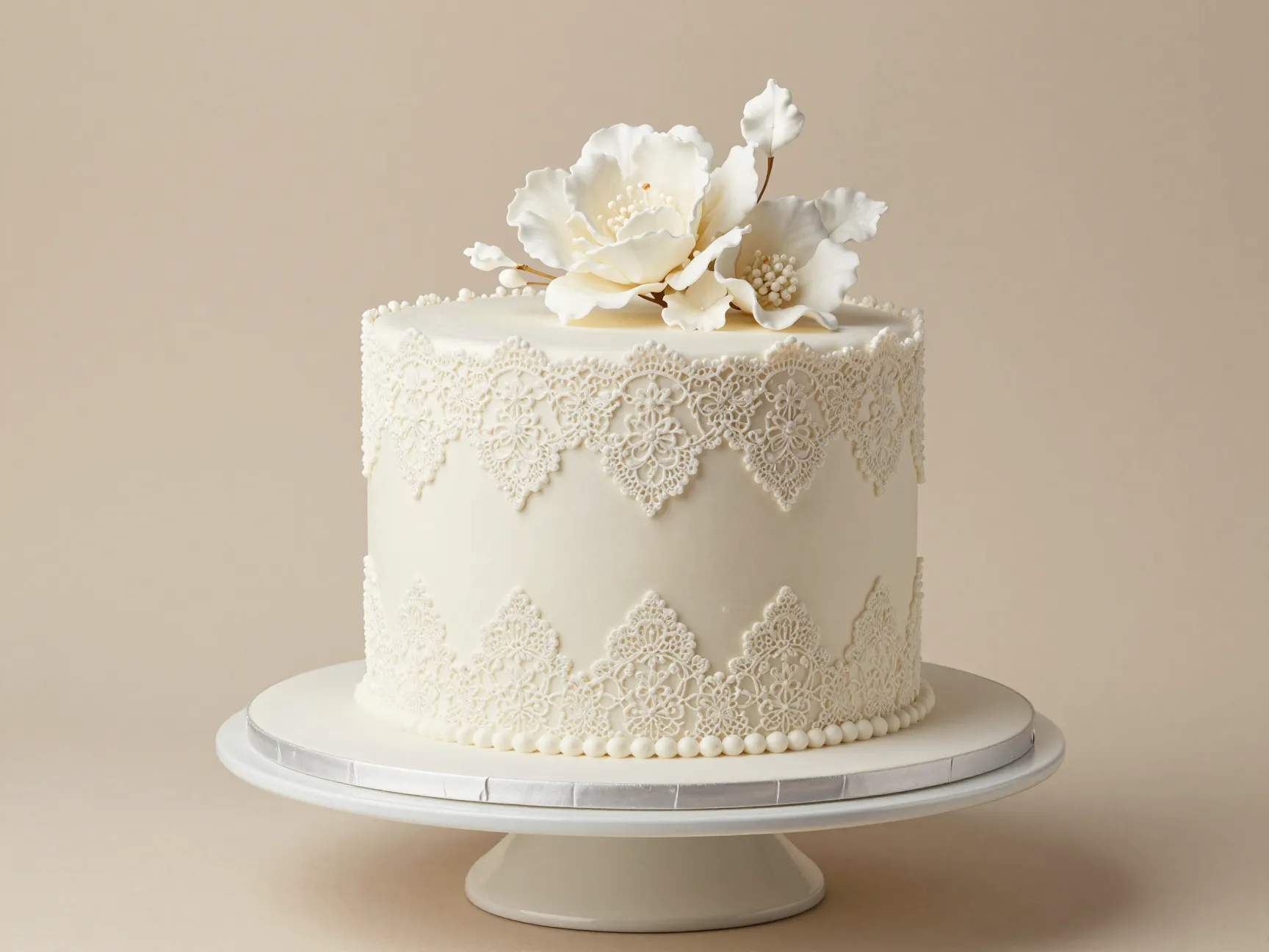 Elegant oval shaped wedding cake with delicate lace piping