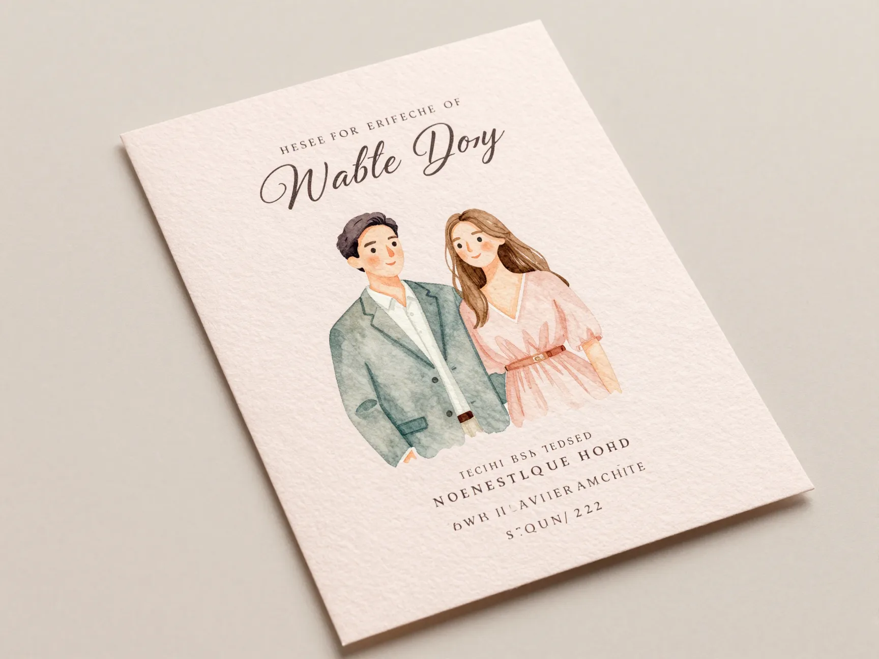 Watercolor portrait illustration invitation on blush cotton cardstock