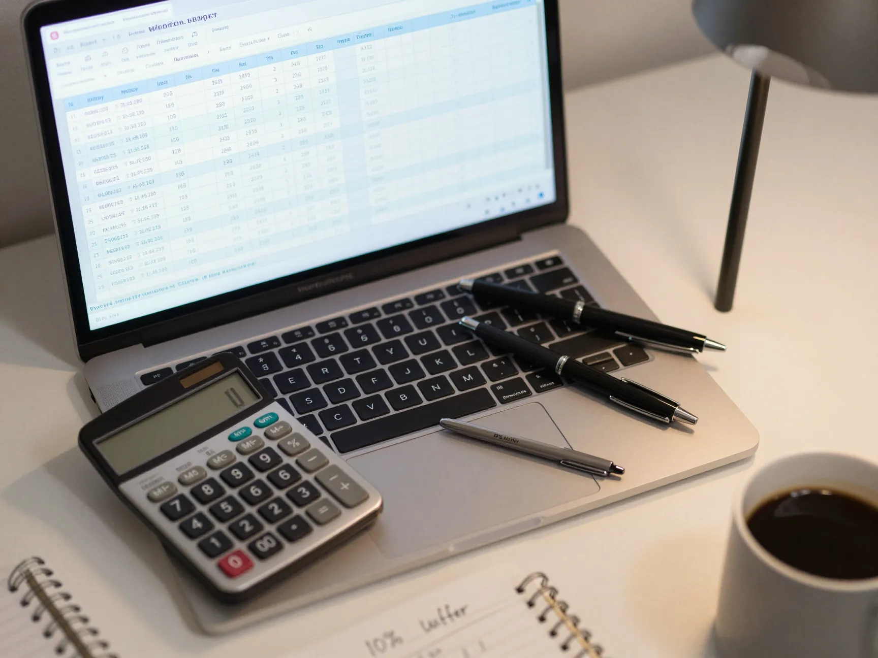 Wedding budget spreadsheet open on laptop with calculator and notepad