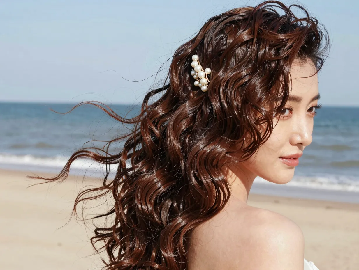 Bride with textured glossy waves pearl clip at beach