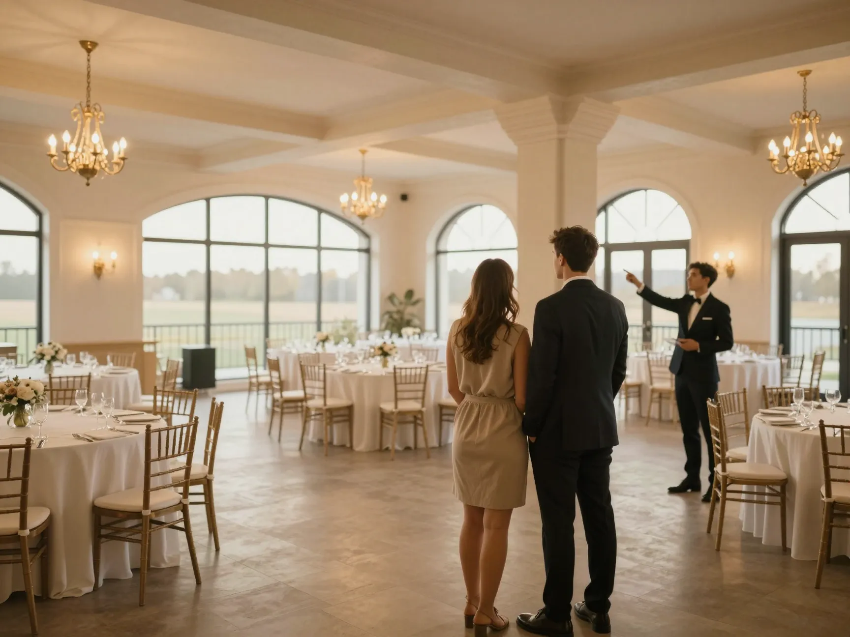 Couple touring beautiful indoor wedding venue with coordinator