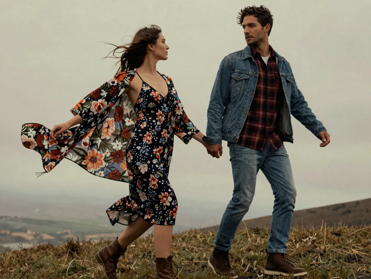 Couple with layered outfits kimono denim jacket flannel movement in wind
