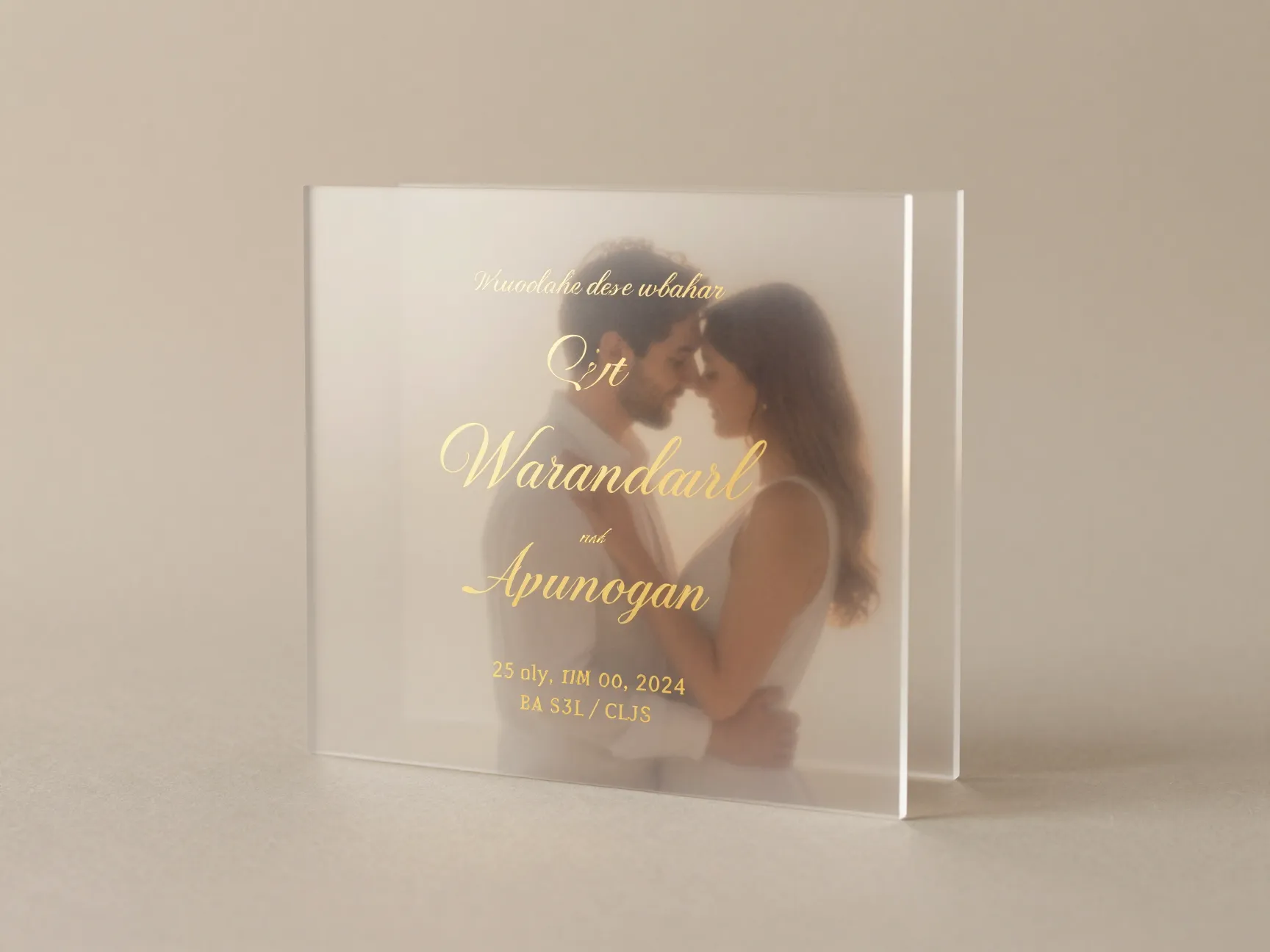 Frosted acrylic wedding invitation with gold foil etched names