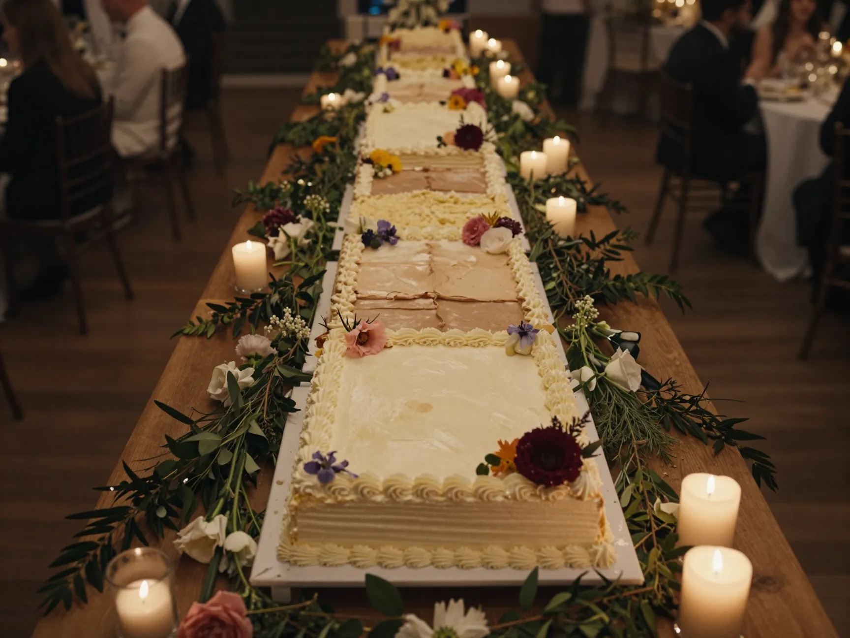 Long rectangular table cake spanning banquet with flowers