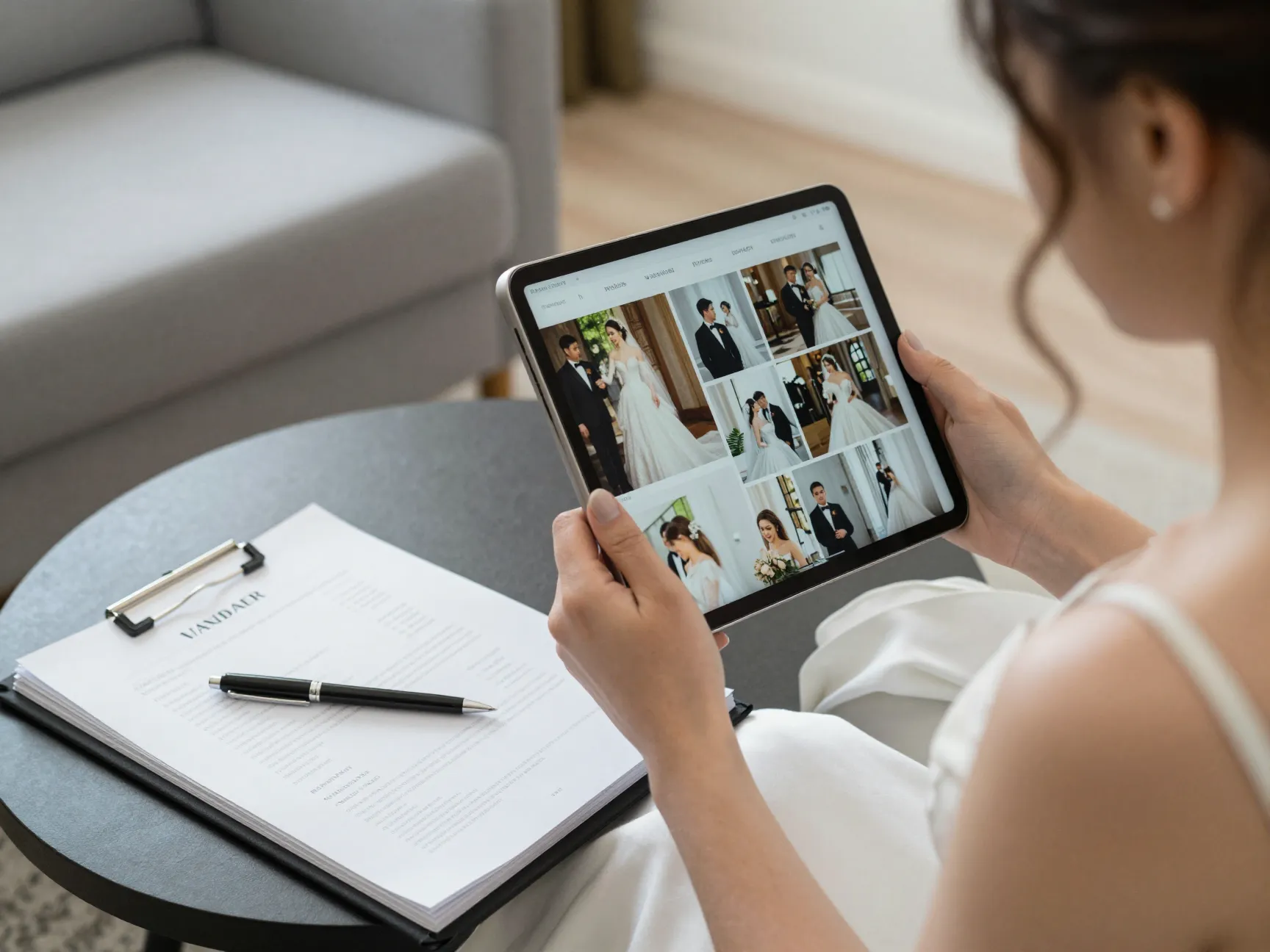 Bride reviewing photographer portfolio on tablet with vendor contracts