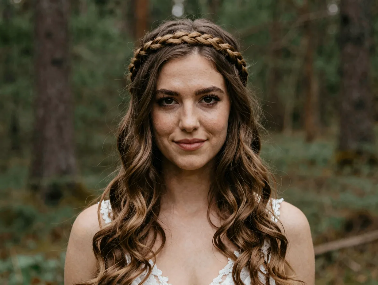 Bride with braided headband down waves in outdoor forest