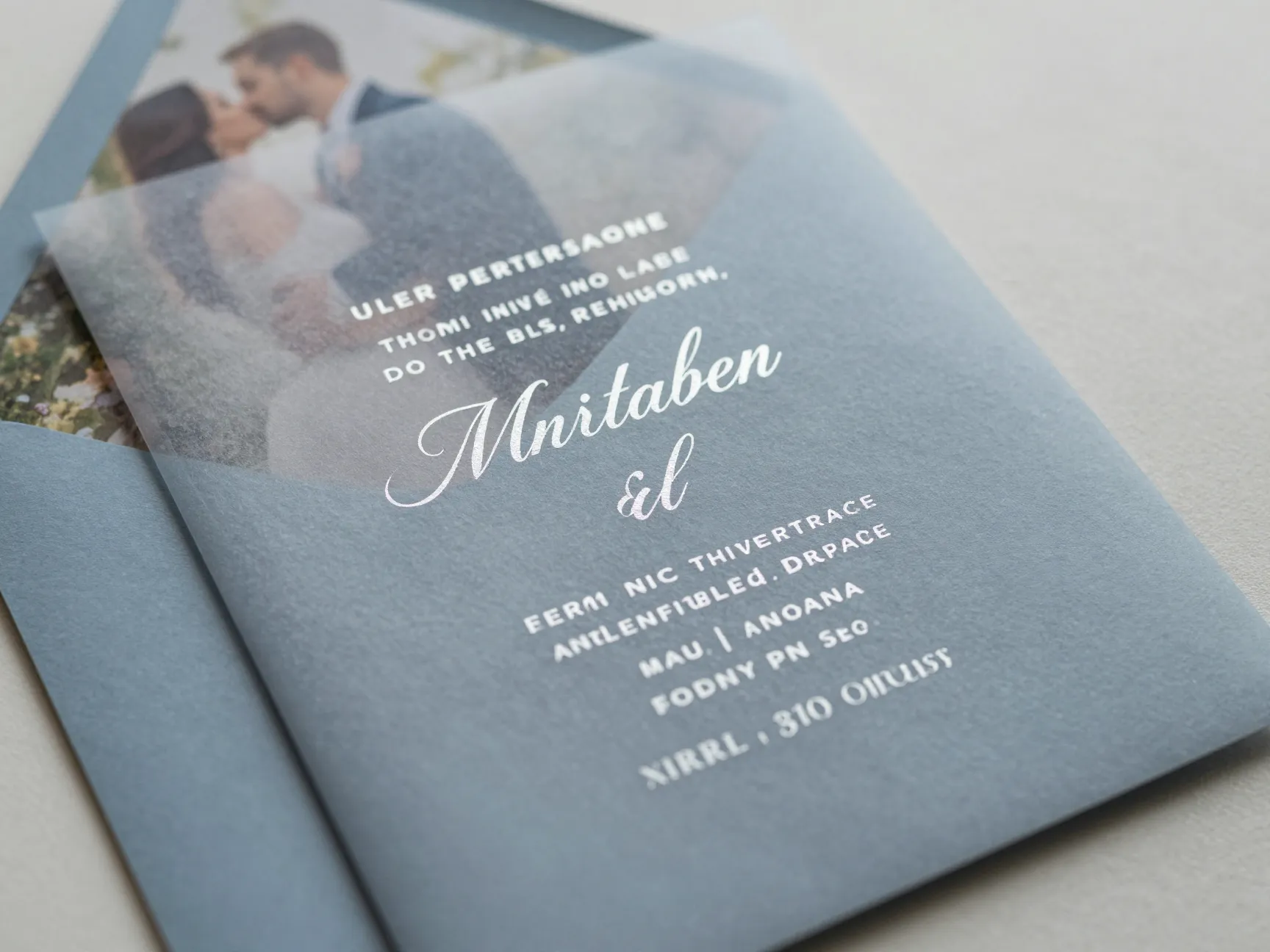 Vellum wrap layered invitation with dusty blue and silver foil