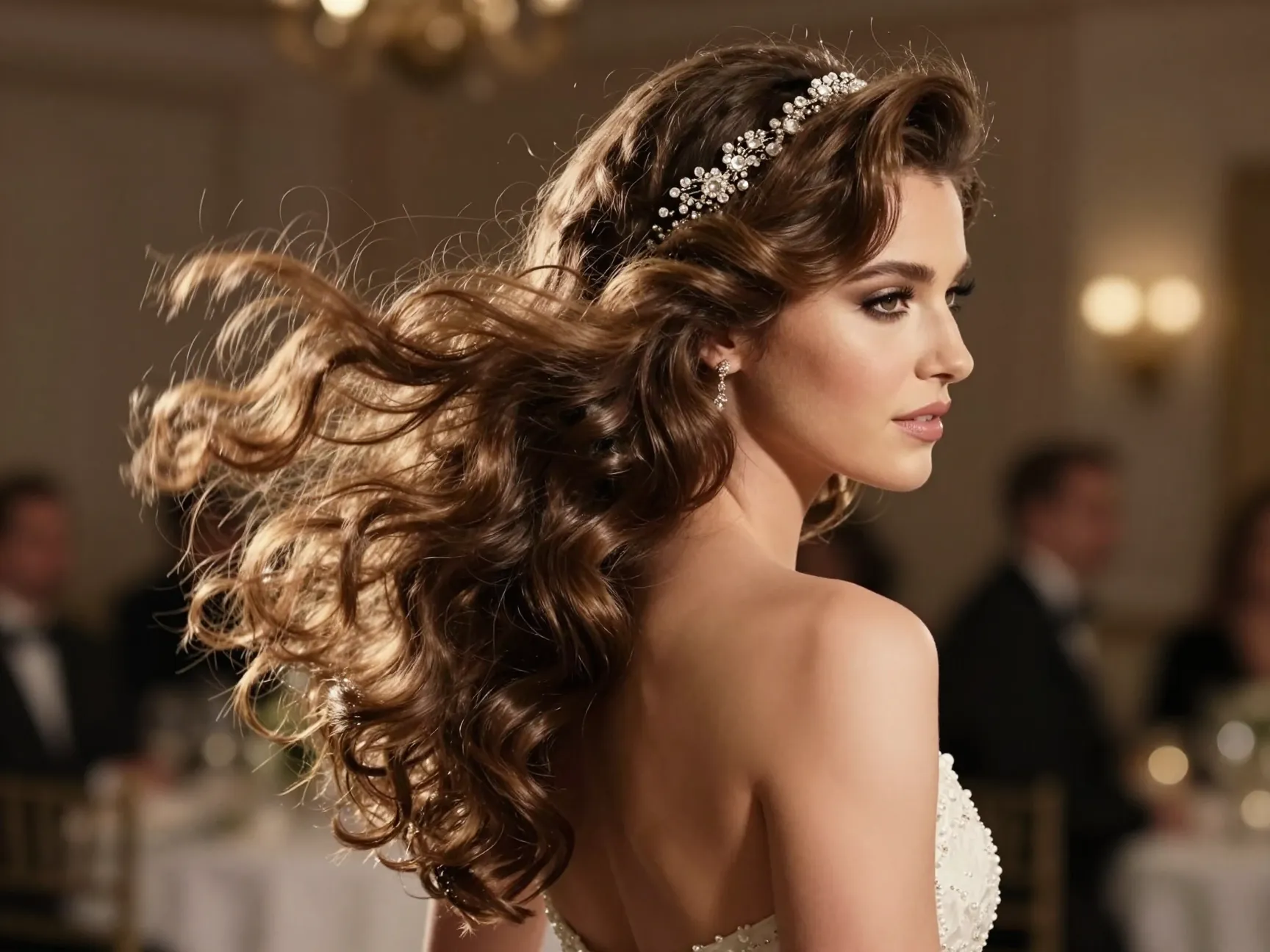 Bride with voluminous blowout big waves jeweled barette
