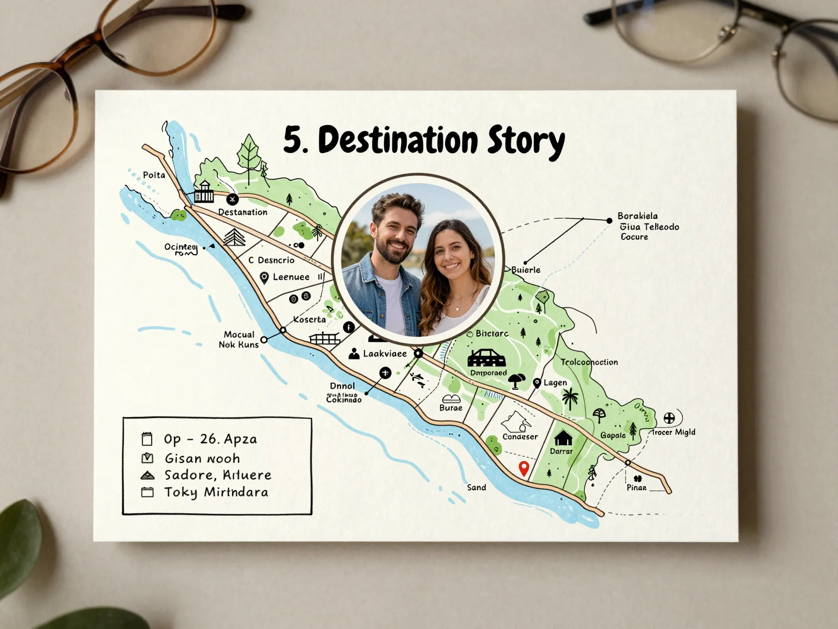 Destination story map invitation with inset circular couple photo