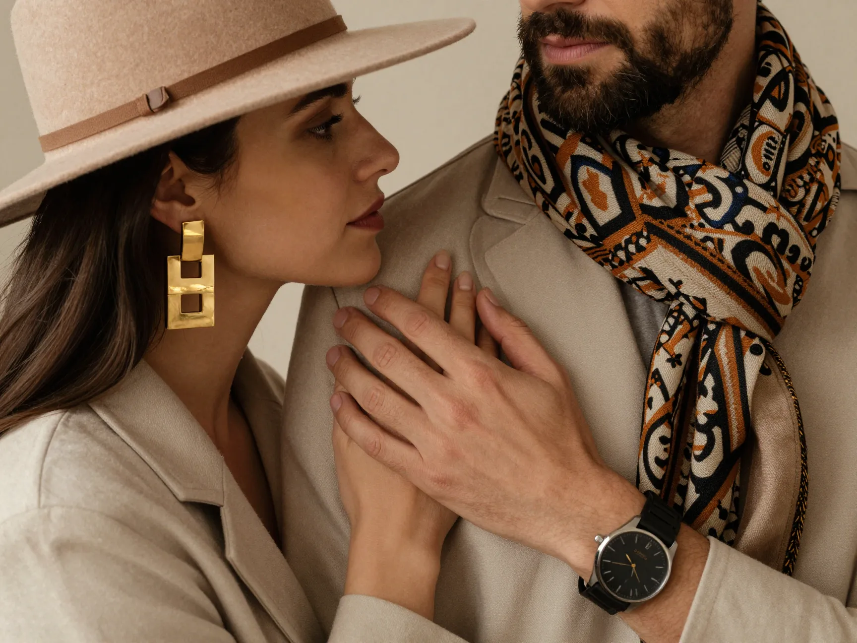 Couple with statement accessories wide brim hat chunky earrings scarf