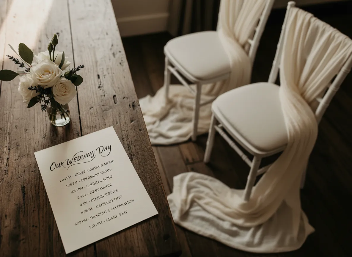 Detailed wedding day timeline next to ceremony decorations
