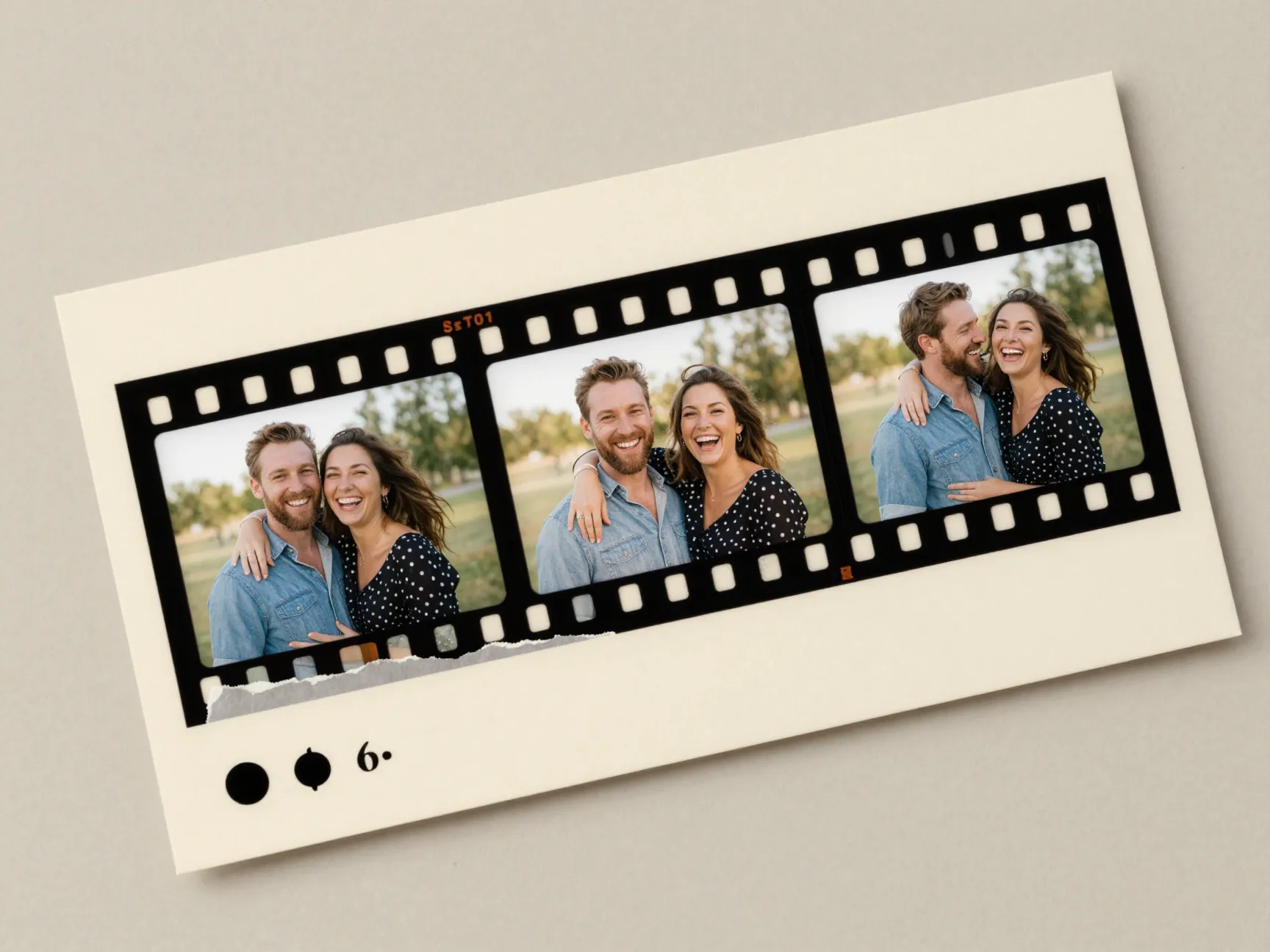 Film strip collage invitation with three candid photos on champagne