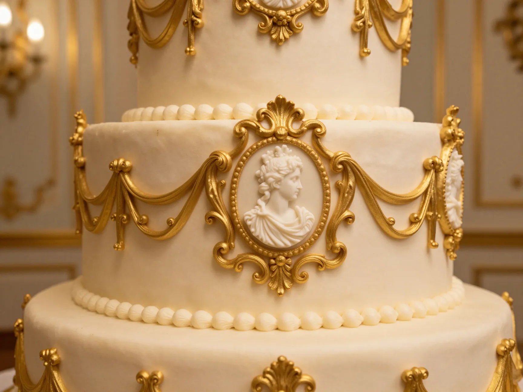 Ornate rococo inspired single tier cake with gold scrollwork