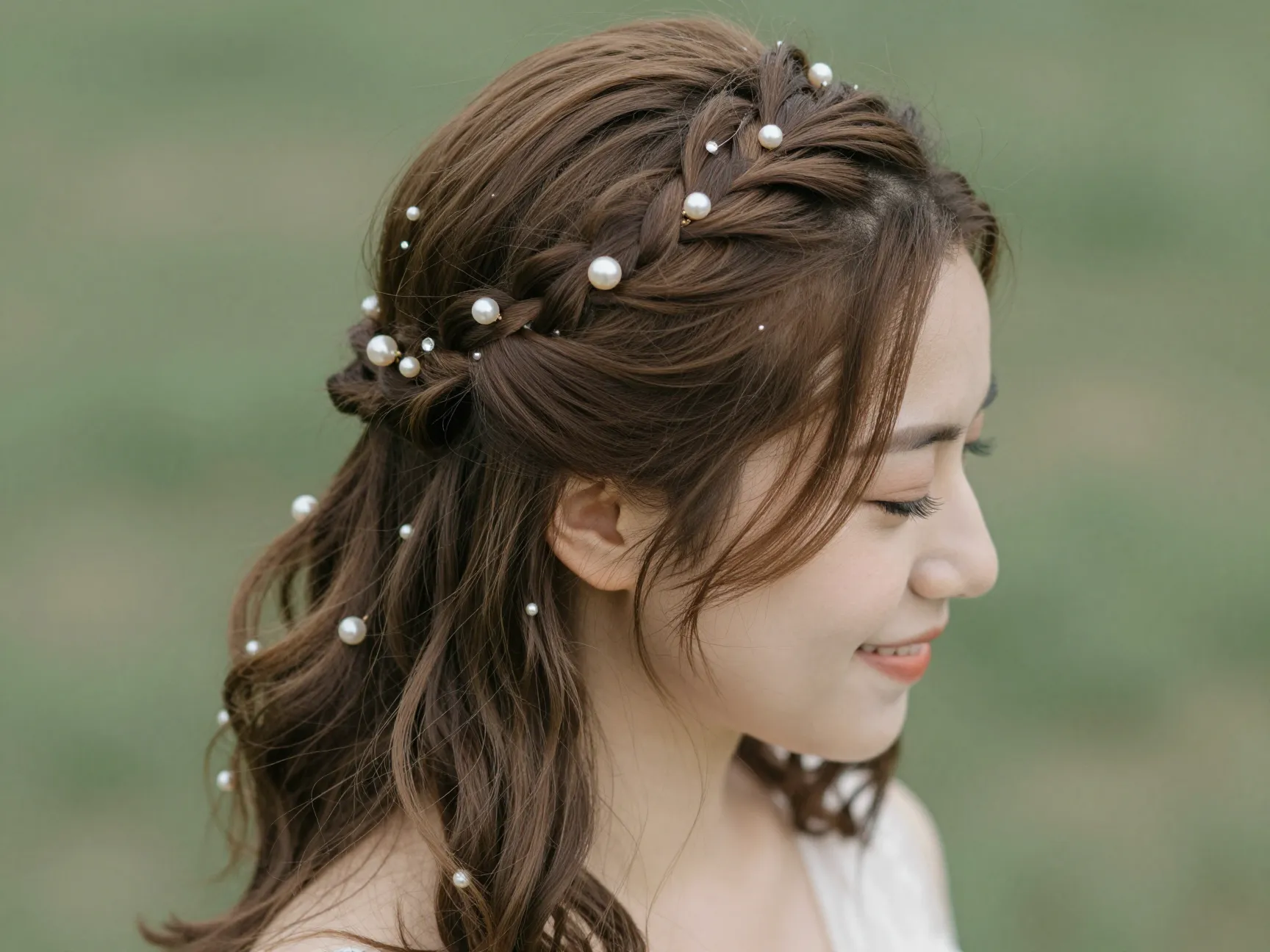 Bride with half up hairstyle hidden braids pearl pins
