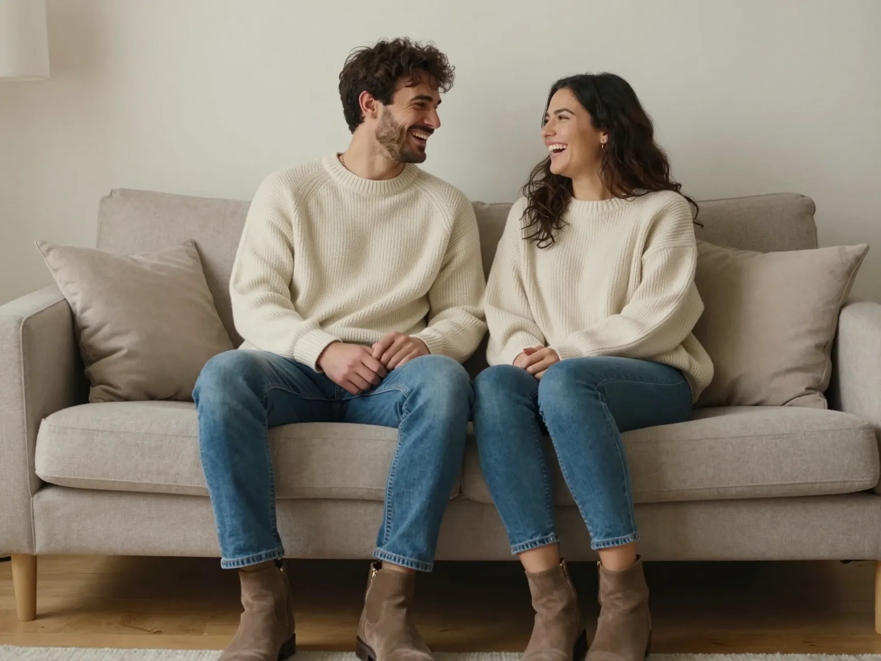 Casual couple in matching oversized knit sweaters jeans boots relaxed