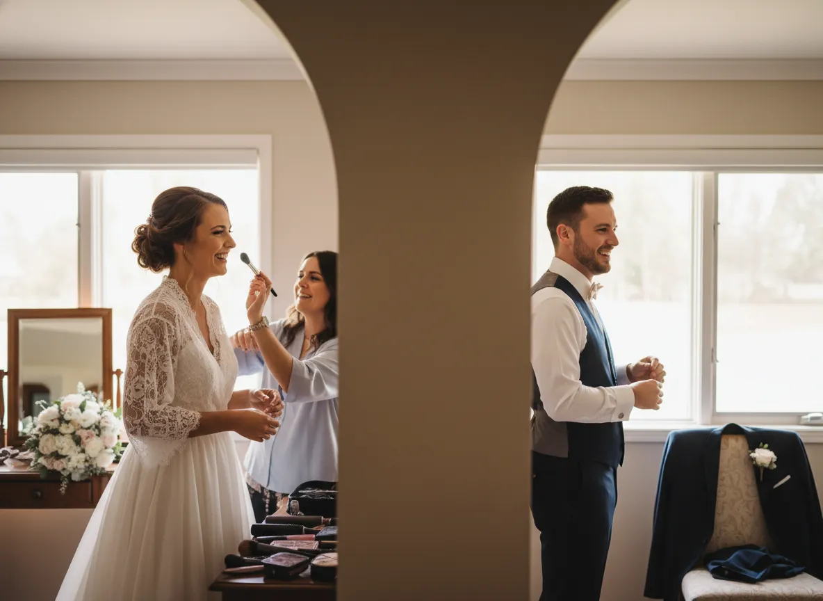 Bride and groom smiling relaxed during wedding day preparation
