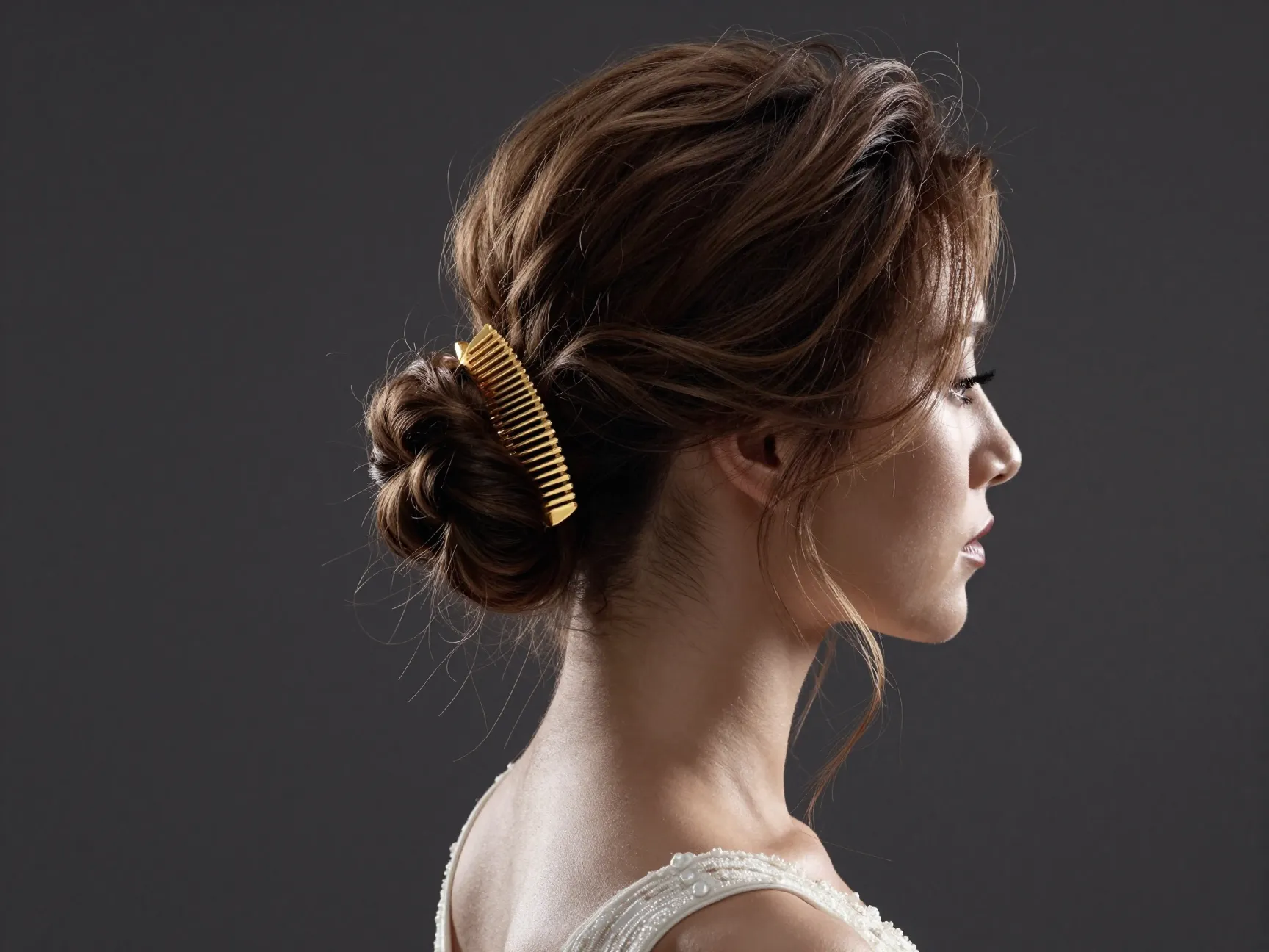 Bride with high swept twist wispy tendrils gold comb