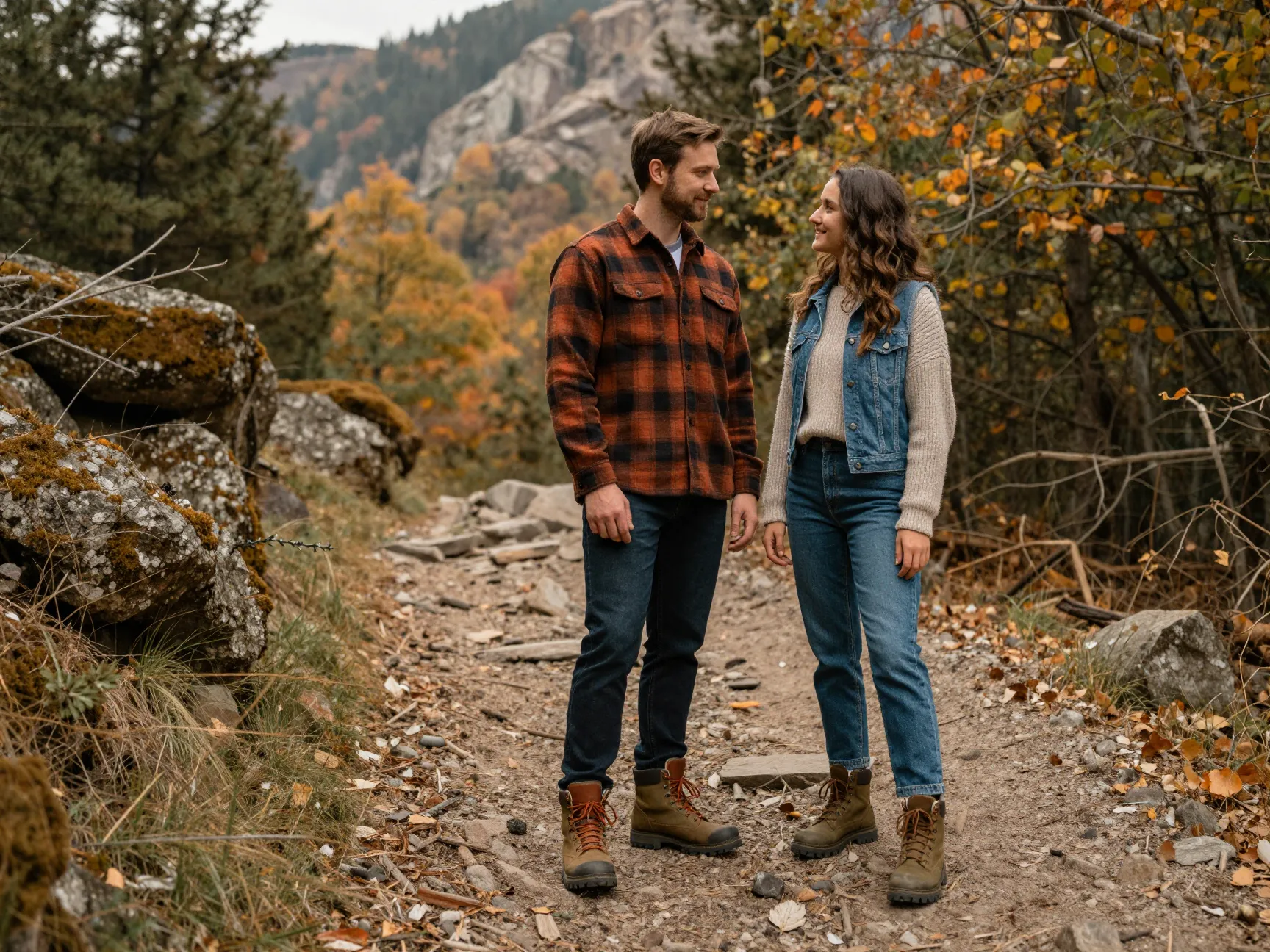 Couple in location inspired flannel denim boots mountain forest outfits
