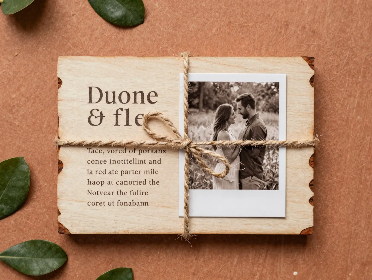 Wood veneer rustic invitation with sepia photo and twine tie