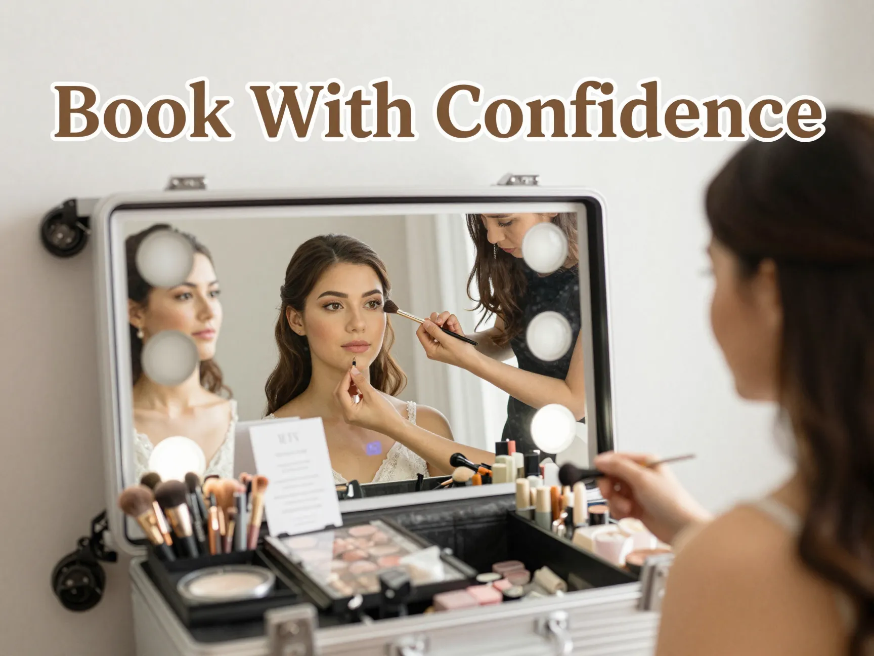 Bride makeup artist mirror reflection trial session vanity cosmetics
