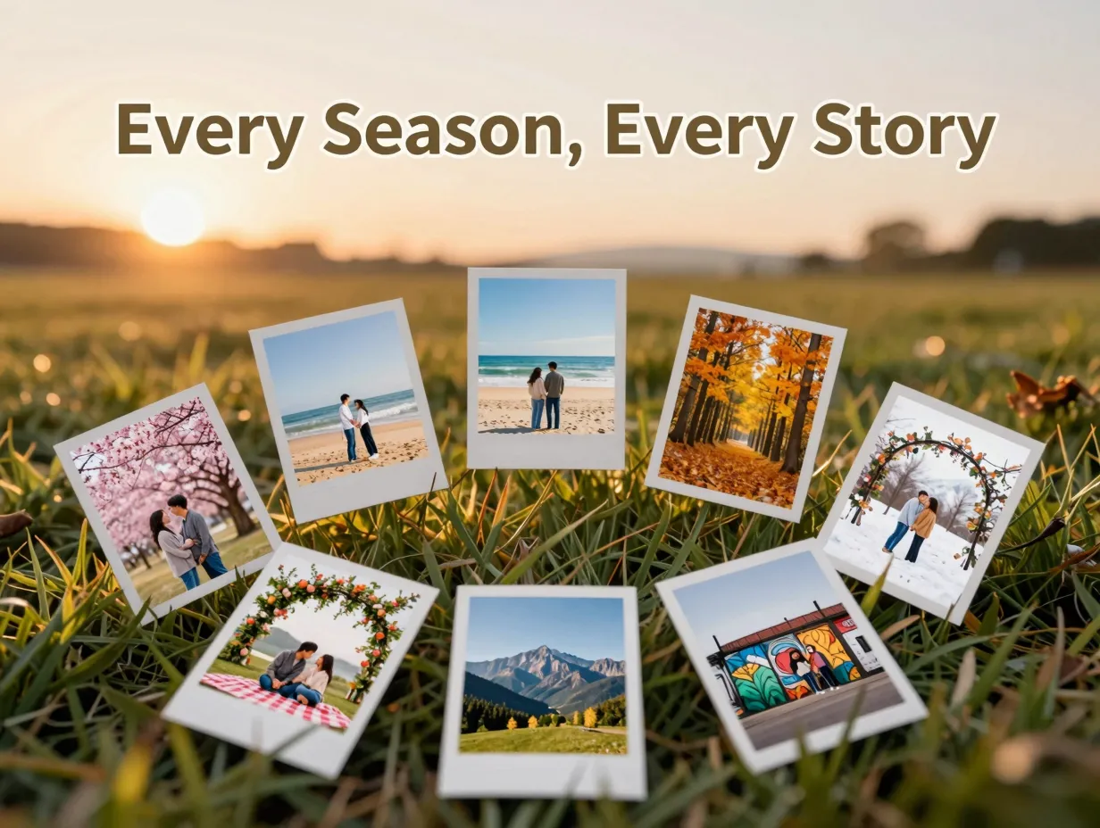 Eight seasonal engagement photo ideas circular frames on meadow