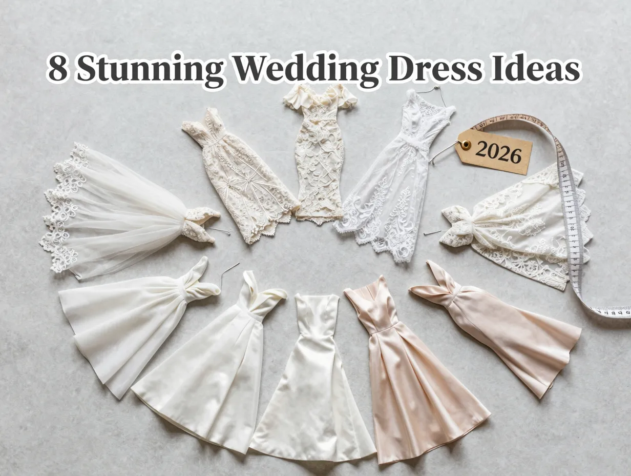 Eight wedding dress fabric swatch flat lay radiating from center 2026