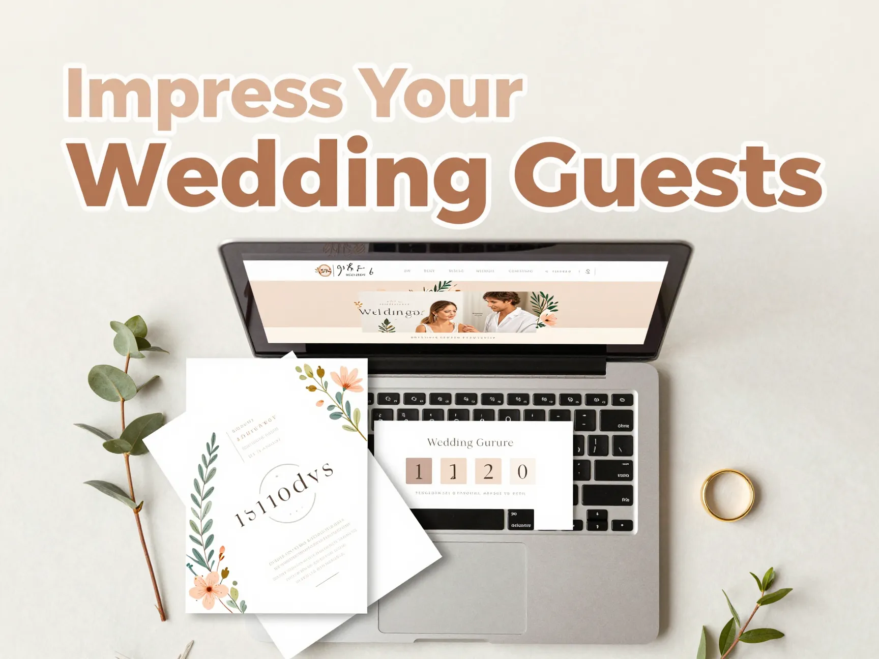 Elegant wedding website laptop invitation florals rings botanical flatlay