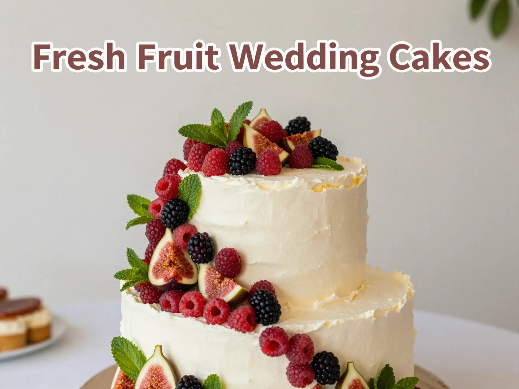 Overhead single tier white cake cascading berries figs mint leaves