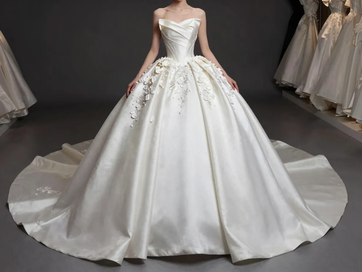 Dramatic classic ballgown with corset bodice and 3d applique details