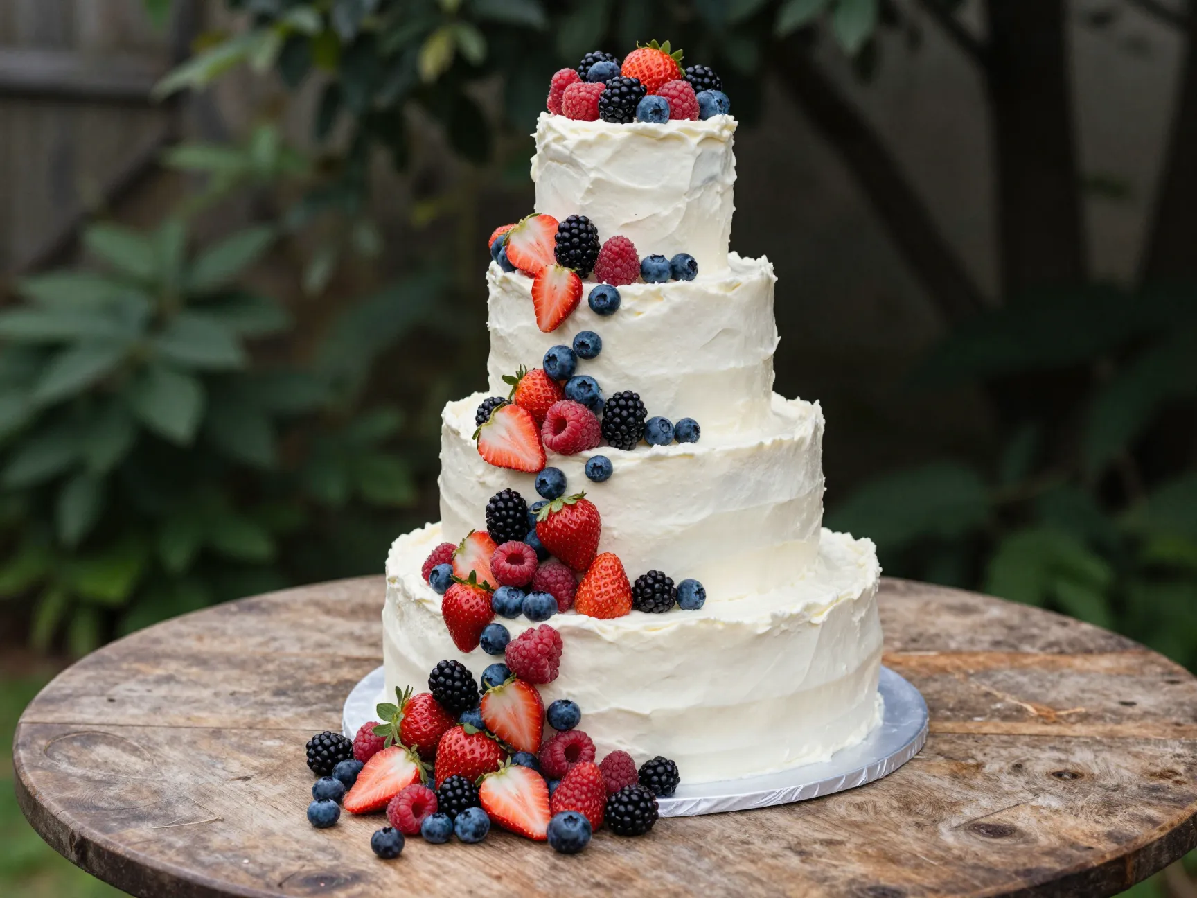 Romantic garden wedding cake with cascading tumble of mixed whole and halved berries