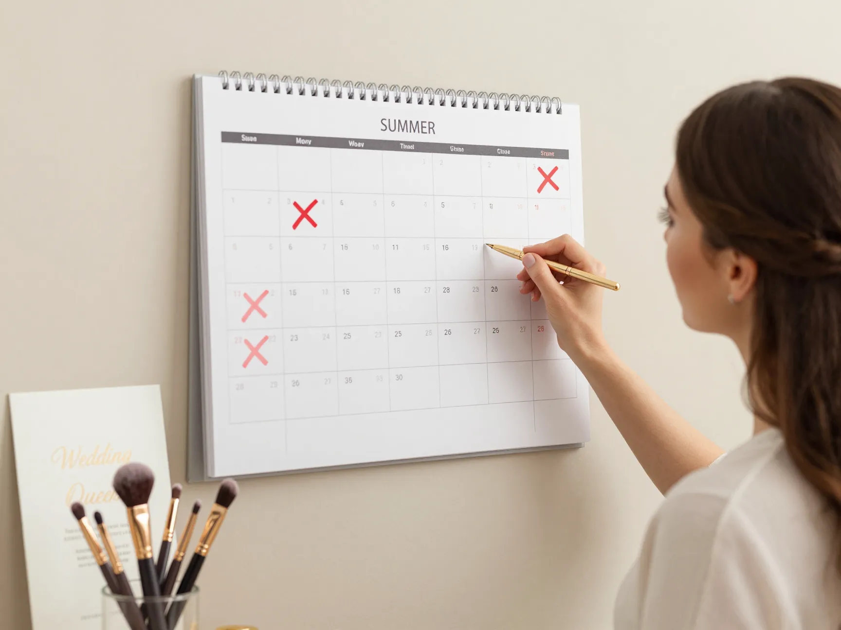Top makeup artist checking calendar for wedding date availability
