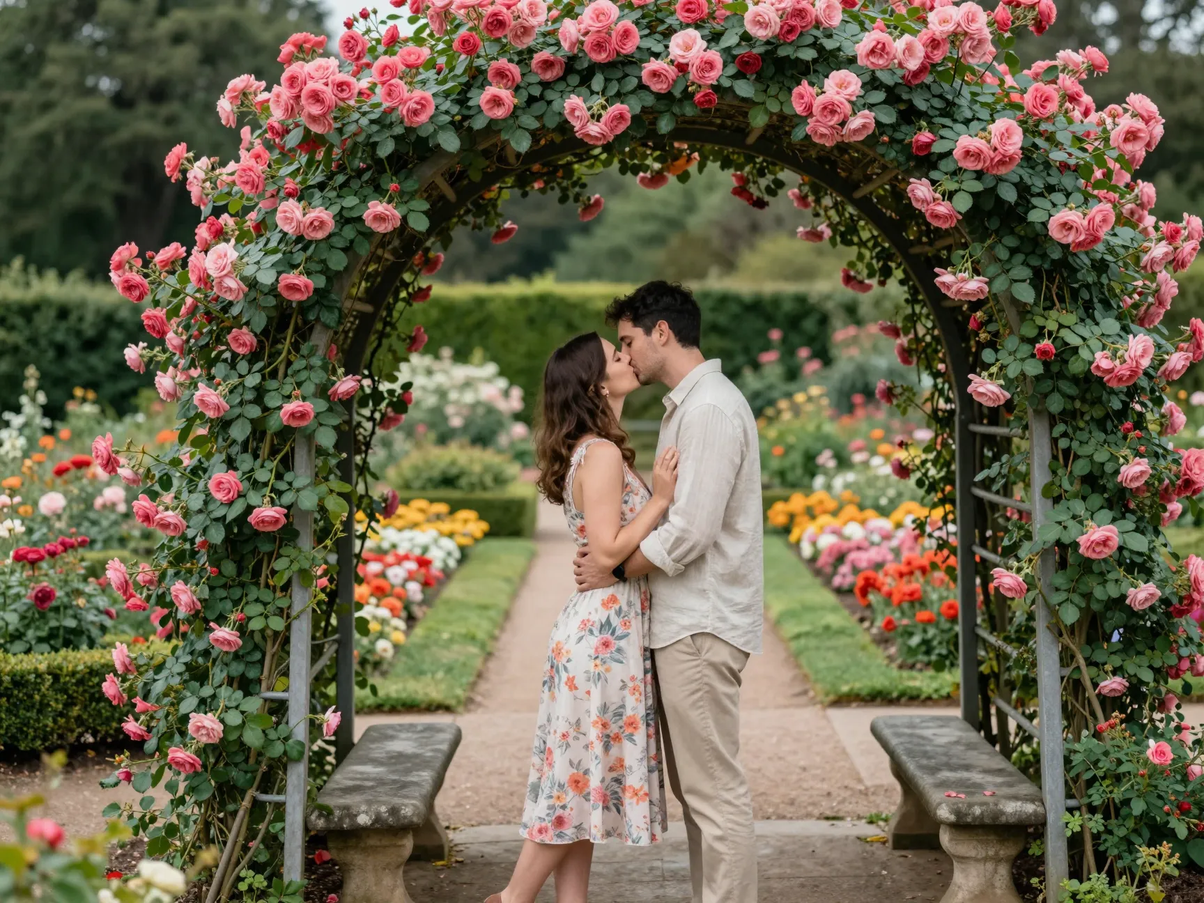 Botanical garden couple under floral arch romance