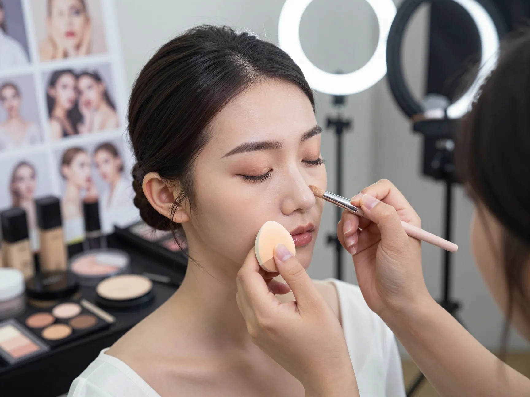 Bride getting long lasting bridal makeup application by experienced artist