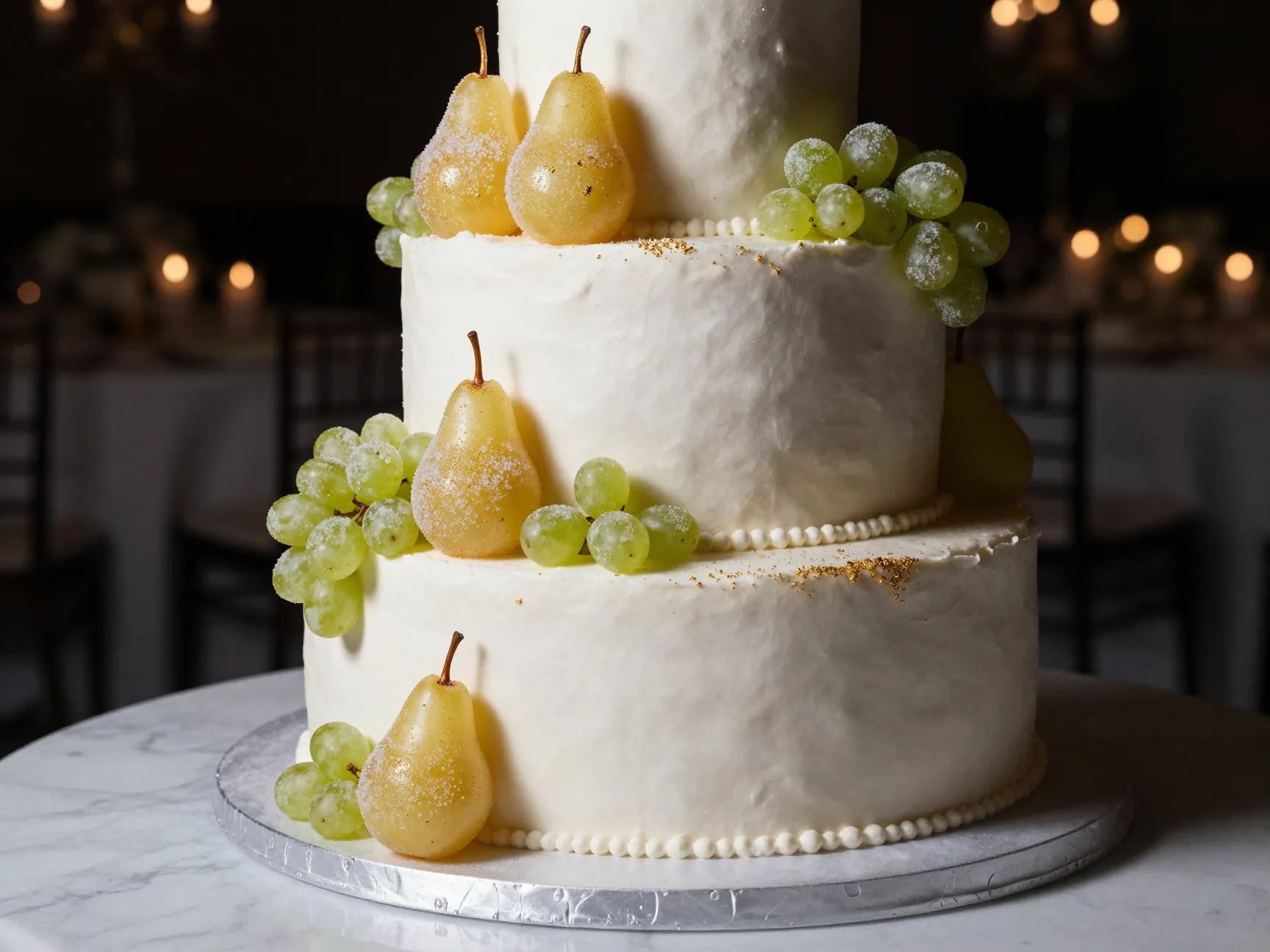 Glamorous black tie wedding cake with crystalline sugar coated pears and grapes