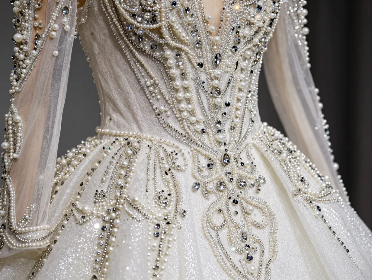 Glittering hand beaded luxury gown with crystal and pearl embellishments