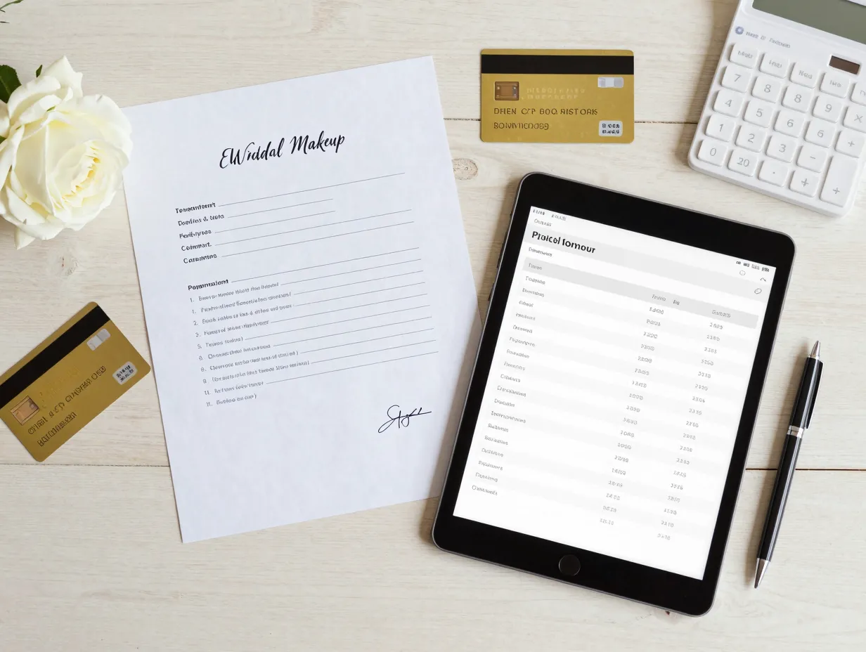 Itemized bridal makeup contract and payment terms on a tablet