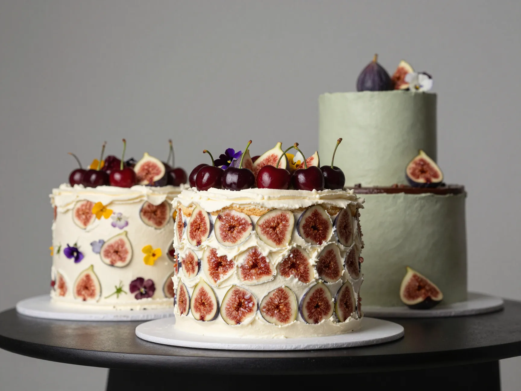 Modern editorial wedding cake with jewel embedded figs and cherries in frosting